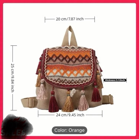 Bohemian Tassel Canvas Backpack - Orange and Tan - Picture 2 of 2